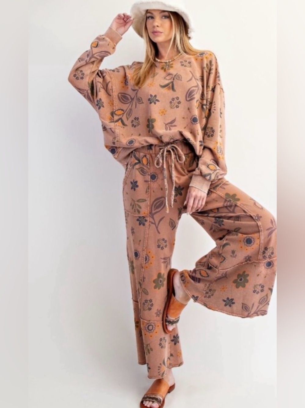 NWT Easel Floral Print Wide-Leg Lounge Pants in Dusty Rose